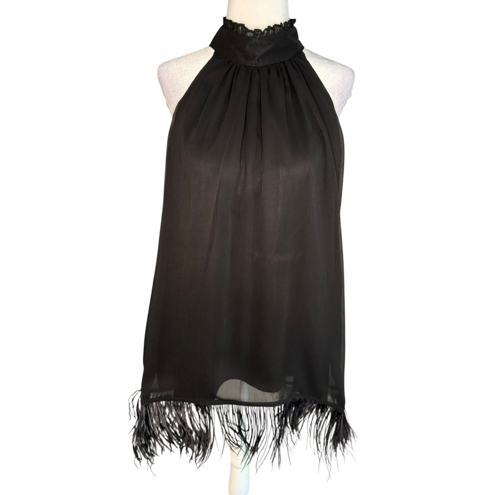 Chelsea & Theodore‎ Black Halter Top Feather Fringe Sleeveless Tank Large NWT